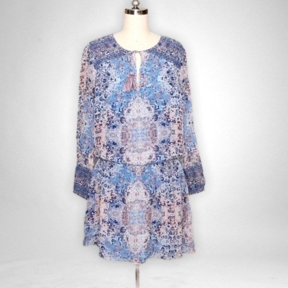 Joie Aidee Blue Printed Silk Chiffon Long Sleeve Mini Dress Medium - Picture 3 of 8